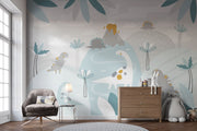 Pastel dinosaur wall mural with friendly dinosaurs, volcano, and soft greenery in muted colors, ideal for decorating nurseries, playrooms, and kids’ bedrooms.