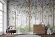 Scandinavian-style woodland forest wall mural featuring tall trees, green leaves, and a soft natural backdrop. Perfect for kids' rooms, nurseries, and peaceful nature-inspired decor.