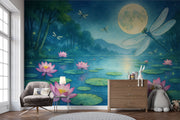 Enchanting moonlit lily pond wall mural with glowing fireflies, dragonflies, and pink water lilies in a magical forest setting