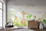 Safari Playground wall mural with watercolor giraffe, zebra, lion, and jungle leaves in a baby nursery or kid's  
playroom.