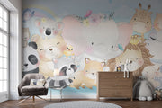 Watercolor baby animal wall mural with an elephant, lion, panda, fox, koala, and other cute creatures in pastel tones.
