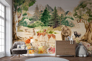 Forest Animals Wall Mural in a watercolor art style