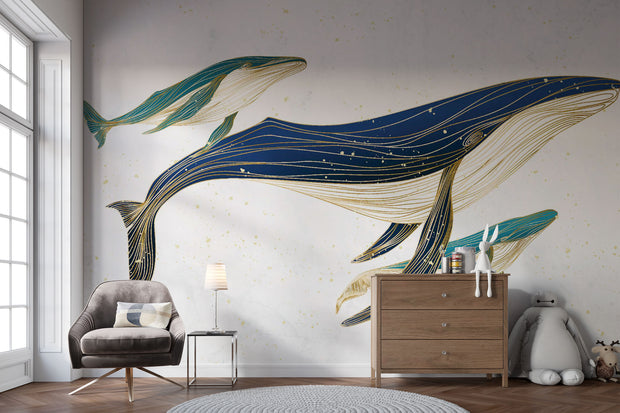 Line art whale mother with children wall mural decorating a kids' room.