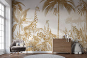 A sophisticated golden jungle wall mural with giraffes, monkeys, and zebras in lush tropical foliage, designed for a safari-themed kid's room or nursery.