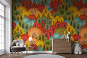 Vibrant Forest Wall Mural featuring colorful abstract trees in red, orange, green, and blue tones, ideal for modern and artistic interiors.