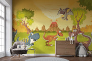Colorful dinosaur wall mural with smiling dinosaurs, erupting volcanoes, and a sunny prehistoric landscape for kids' rooms and nurseries.
