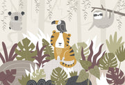 Illustration of a tiger, toucan, and sloth among tropical plants on a light background