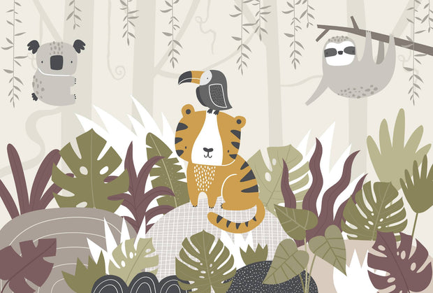 Illustration of a tiger, toucan, and sloth among tropical plants on a light background