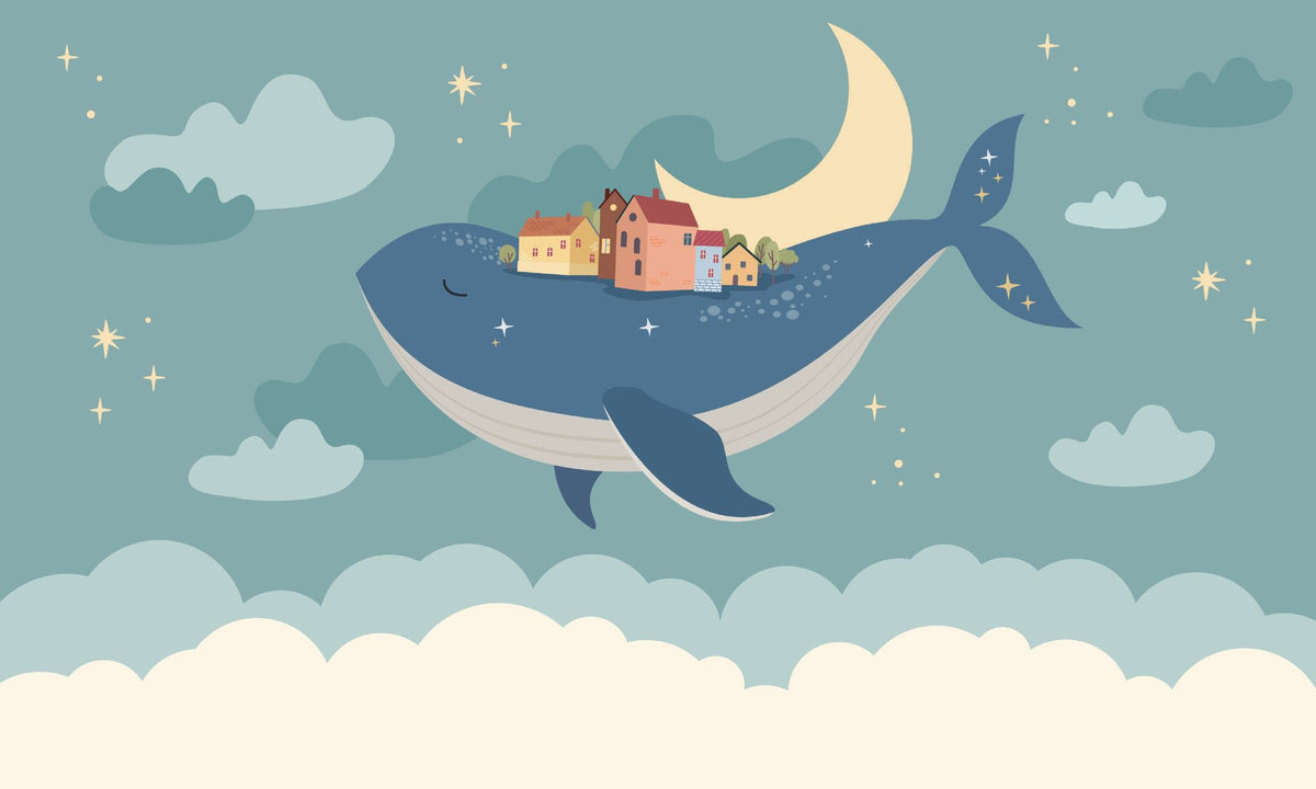 Whale and moon wall mural with a floating village, clouds, and a starry night sky, ideal for kids' rooms and nurseries.