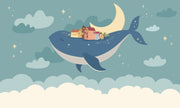 Whale and moon wall mural with a floating village, clouds, and a starry night sky, ideal for kids' rooms and nurseries.
