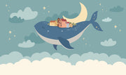 Whale and moon wall mural with a floating village, clouds, and a starry night sky, ideal for kids' rooms and nurseries.