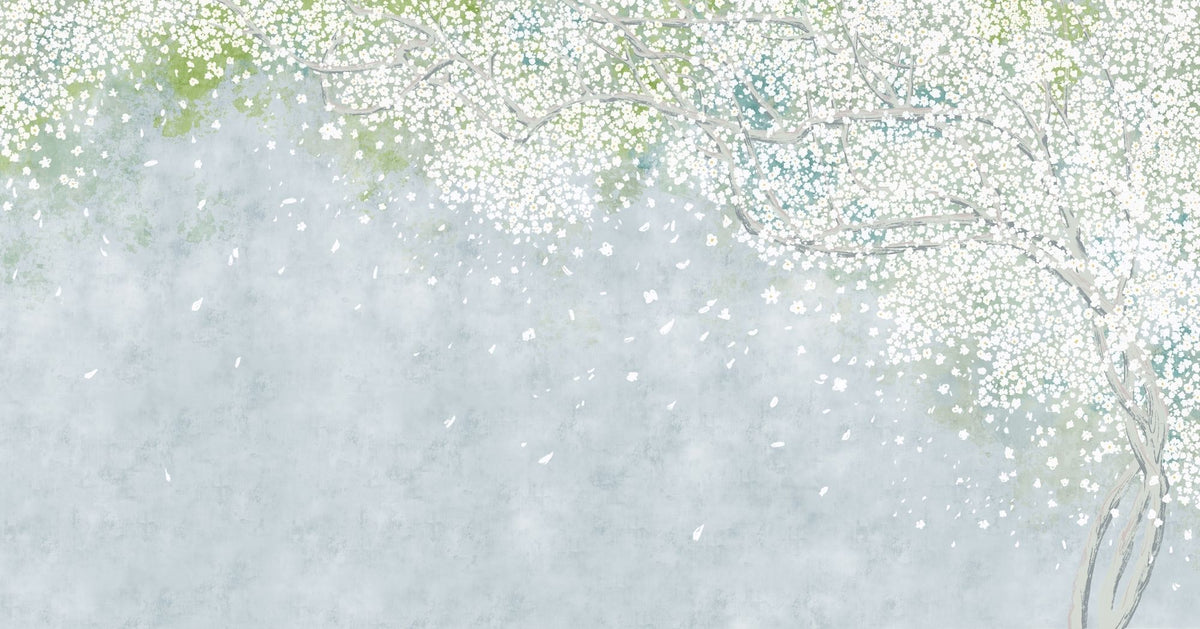 Soft blue and green wall mural with delicate white blossoms, creating a peaceful and elegant ambiance.