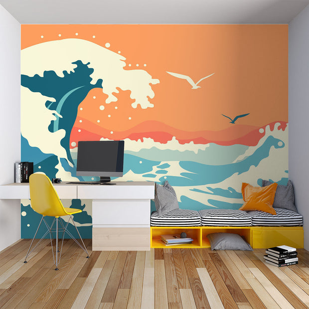 Abstract ocean wave wall mural and wallpaper in vibrant orange and blue tones, styled in a bedroom.