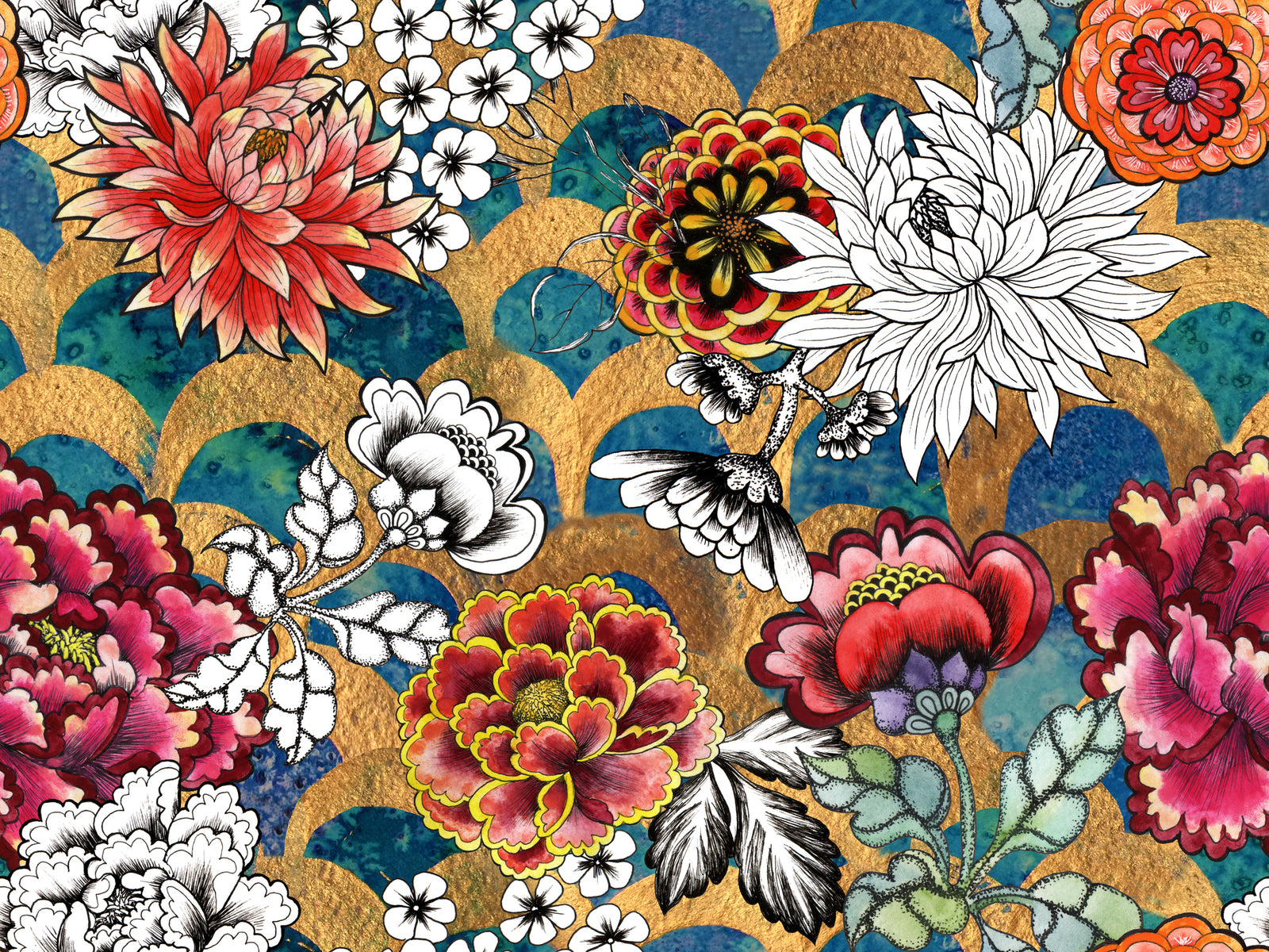 Detailed view of red peonies, black ink birds, and metallic gold backdrop in luxury wall mural.