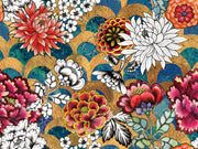 Detailed view of red peonies, black ink birds, and metallic gold backdrop in luxury wall mural.