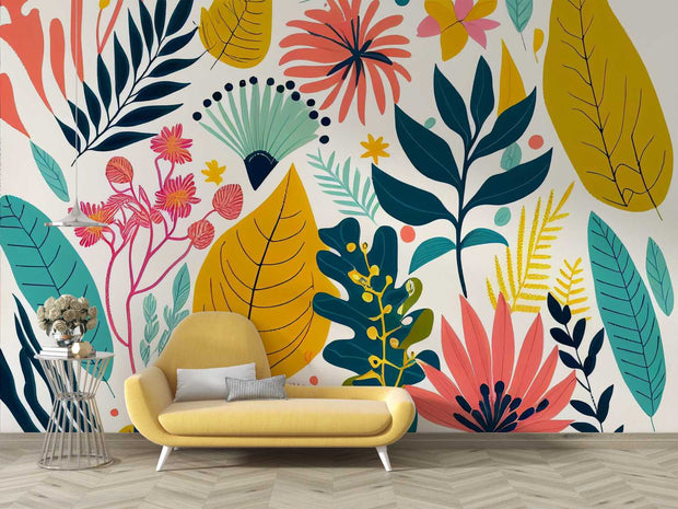 Palm Leaves And Flowers Wall Mural image 0