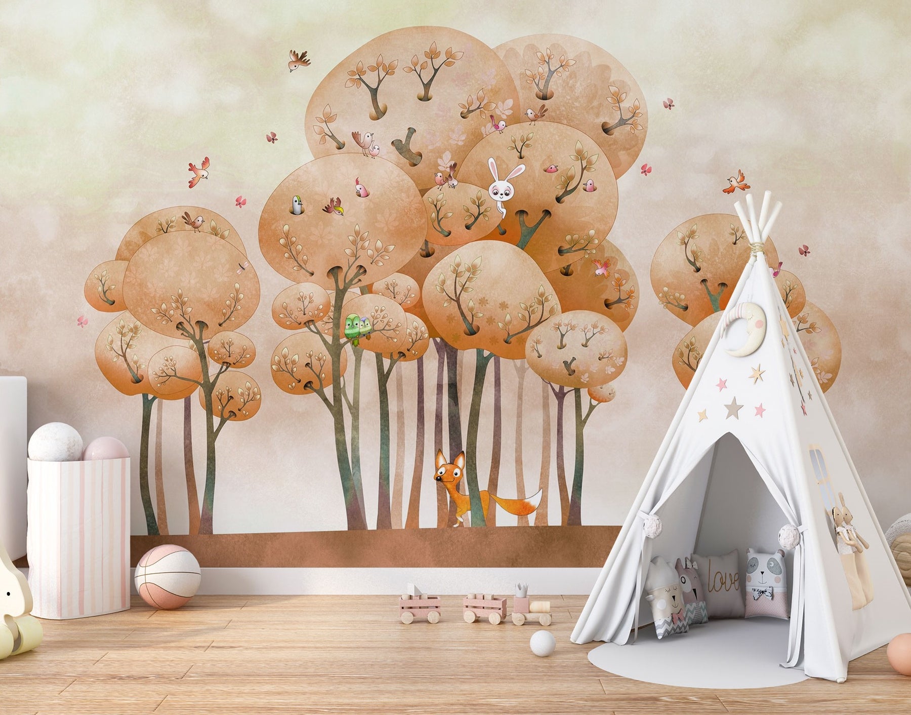 Woodland adventure wall mural with illustrated trees, animals and playful nature elements in a cozy children's room setting.