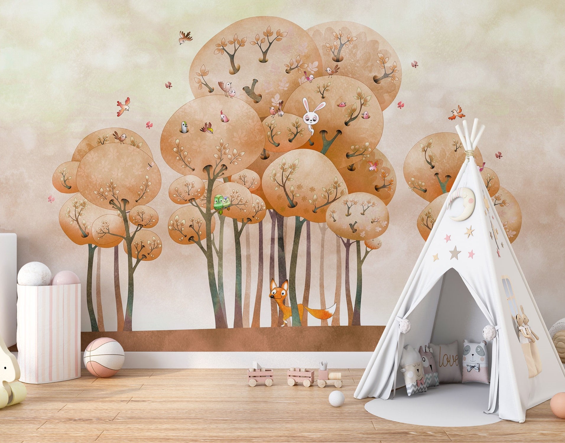 Woodland adventure wall mural with illustrated trees, animals and playful nature elements in a cozy children's room setting.