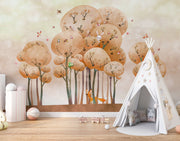 Woodland adventure wall mural with illustrated trees, animals and playful nature elements in a cozy children's room setting.