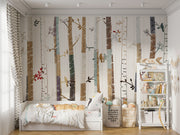 Forest trees wall mural featuring hand-drawn birch trees with colorful birds and leaves, ideal for nursery or baby room decor.