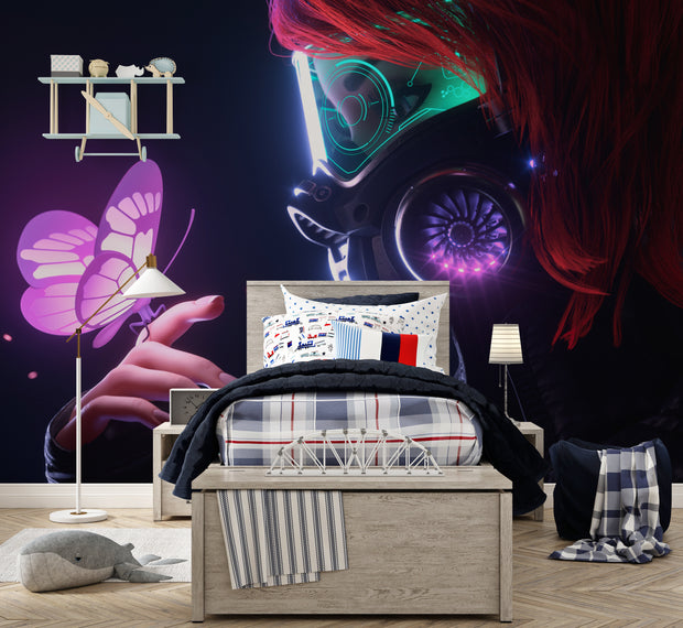 Modern bedroom with futuristic wall mural, bed, and decor
