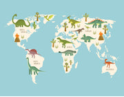 Dinosaur world map wall mural featuring illustrated dinosaurs on different continents, set against a blue background, perfect for kid's rooms and playrooms.