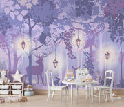 Enchanted forest wall mural with a mystical woodland scene, featuring a silhouetted deer, soft purple hues, glowing lanterns, and delicate foliage – ideal for kids’ rooms and elegant nature-inspired decor.