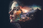 Cosmic Vision Wall Mural – Surreal Galaxy Wallpaper Featuring a Female Face Blending with a Nebula, Stardust, and Cosmic Light for Dreamy & Futuristic Interiors.