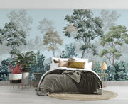 Hand-painted forest landscape wall mural with soft greens and layered trees, creating a tranquil and elegant nature-inspired interior.