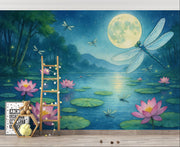 Enchanting moonlit lily pond wall mural with glowing fireflies, dragonflies, and pink water lilies in a magical forest setting