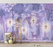 Enchanted forest wall mural with a mystical woodland scene, featuring a silhouetted deer, soft purple hues, glowing lanterns, and delicate foliage – ideal for kids’ rooms and elegant nature-inspired decor.