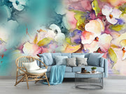 Watercolor blossom wall mural featuring hand-painted flowers in soft pastel and vibrant hues, creating a dreamy and elegant home décor statement.