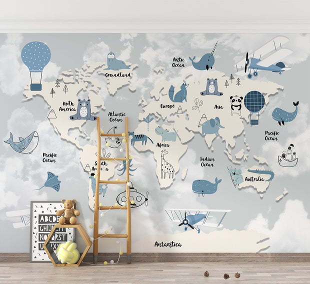 Children’s world map wall mural with cute animals, ocean creatures, and pastel sky background – perfect for kid's rooms and nurseries.