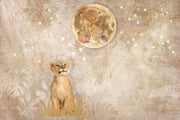 Safari lion cub wall mural featuring a realistic lion cub gazing at a glowing moon, surrounded by stars and warm beige tones, perfect for a cozy nursery.