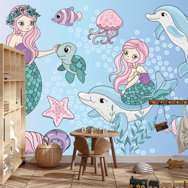 Mermaids with sea animals wall mural image 3