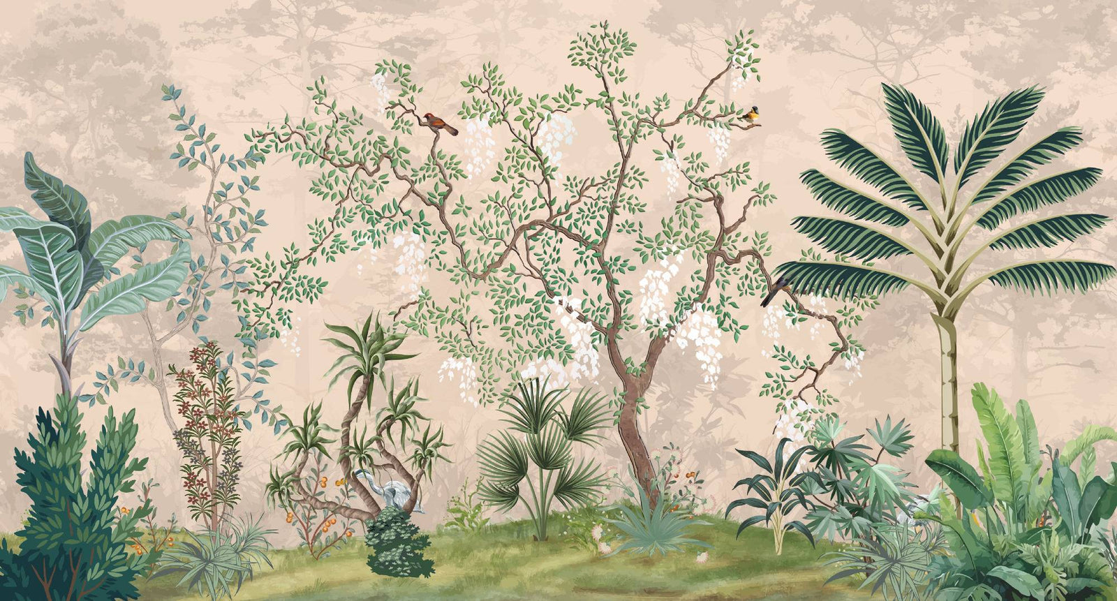 Decorative wallpaper with a stylized jungle scene featuring trees and plants on a beige background.