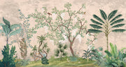 Decorative wallpaper with a stylized jungle scene featuring trees and plants on a beige background.