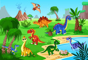 Bright and colorful dinosaur mural featuring friendly cartoon dinosaurs, volcanoes, and lush jungle scenery for a playful kids' room.
