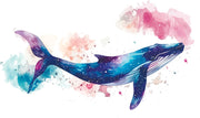 Vibrant galaxy whale wall mural featuring a watercolor-style blue whale swimming through a cosmic, star-filled background in shades of blue, purple, and pink – perfect for kids' rooms and modern decor.