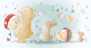Illustrated woodland animal wall mural featuring a bear playing a drum, a bunny with marbles, a hedgehog with lights, and a mouse with maracas, surrounded by music notes and confetti – perfect for nurseries and kids’ rooms.