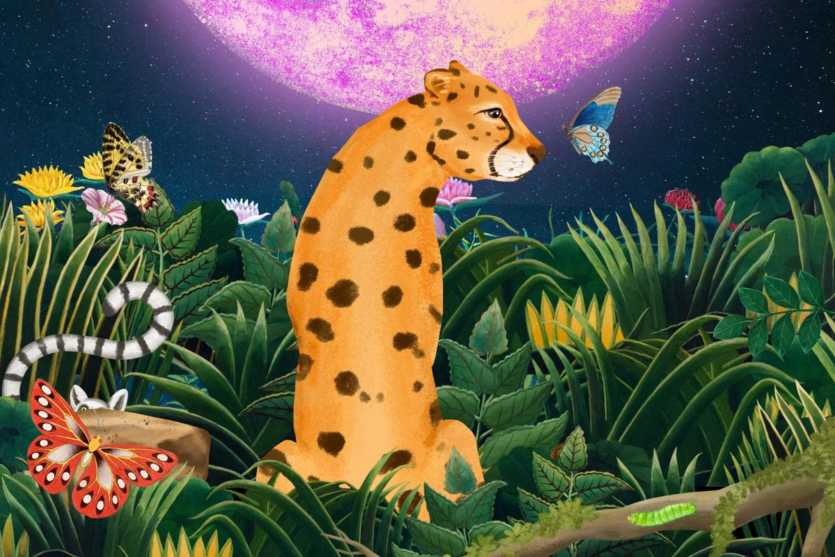 Midnight Safari wall mural with a whimsical leopard in a vibrant jungle, surrounded by butterflies and a glowing purple moon.