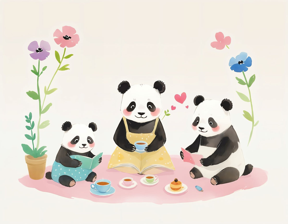panda family having a tea party with pastel-colored flowers 