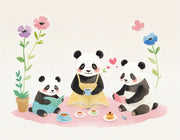 panda family having a tea party with pastel-colored flowers 