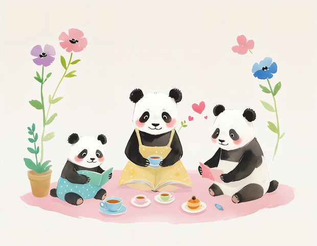panda family having a tea party with pastel-colored flowers 