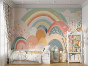 Colorful rainbow hills wall mural with soft pastel tones, whimsical hand-painted patterns, and playful botanical details – perfect for a kids’ bedroom or nursery decor.