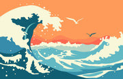 Abstract ocean wave wall mural and wallpaper in vibrant orange and blue tones.