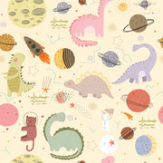 Dino Galaxy Wall Mural featuring whimsical dinosaurs, rockets, planets, and stars in pastel colors, creating a magical space-themed decor.