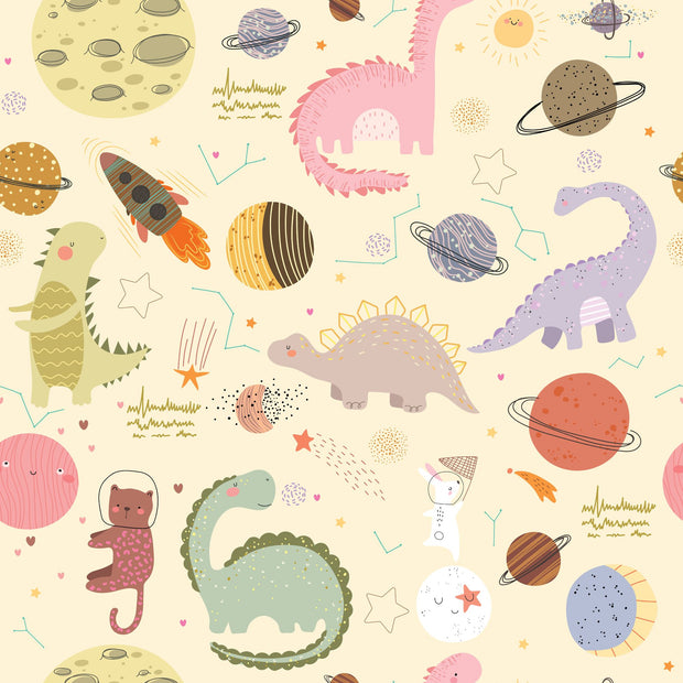 Dino Galaxy Wall Mural featuring whimsical dinosaurs, rockets, planets, and stars in pastel colors, creating a magical space-themed decor.