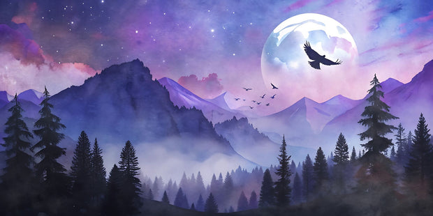Mystical Moonlit Mountain Wall Mural – Celestial Landscape Wallpaper with a Glowing Full Moon, Birds in Flight, and Twilight Mountain Peaks in Dreamy Purple and Blue Tones.