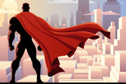 Wall mural depicting a superhero in a red cape looks over the city.